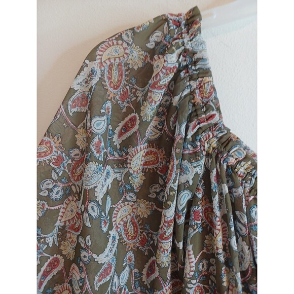 Lucca Floral Paisley Mini Dress M Green Balloon Sleeve Sheer Lined Boho Peasant - Picture 4 of 9
